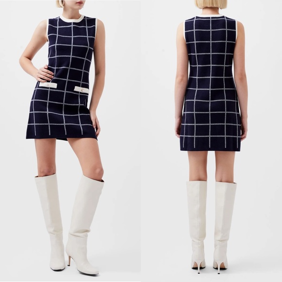 NEW FRENCH CONNECTION Marine NAVY Check SLEEVELESS Sweater Knit MINI DRESS XS - Picture 1 of 16
